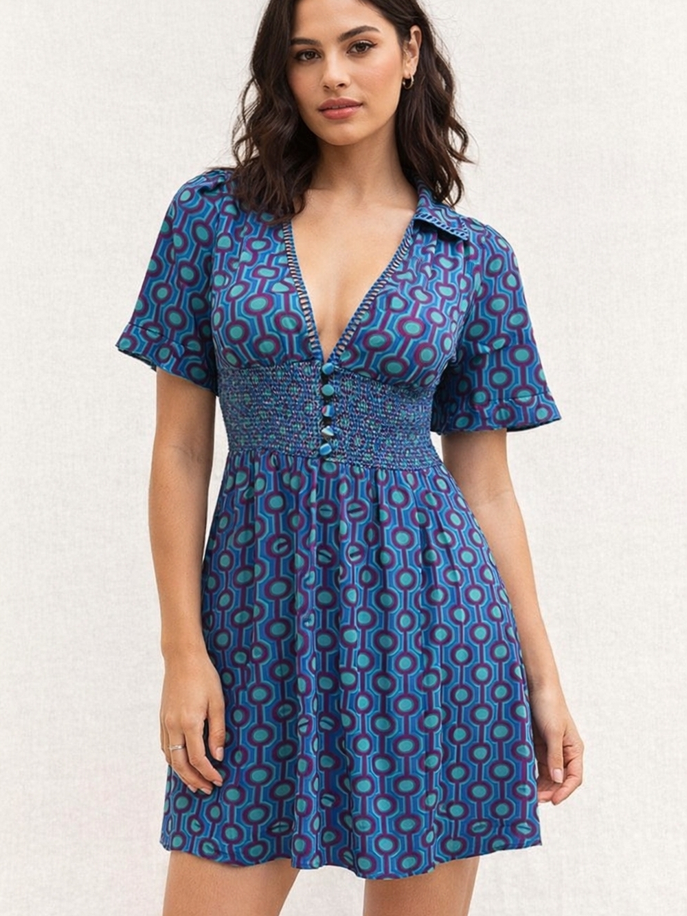 Urban Outfitters NWT Smocked Mini Dress Small Blue Retro Boho Babydoll